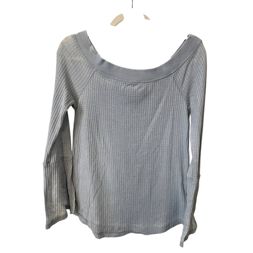 Others Follow Off The Shoulder Bell Sleeve Waffle Knit Top Womens M Blue Thermal